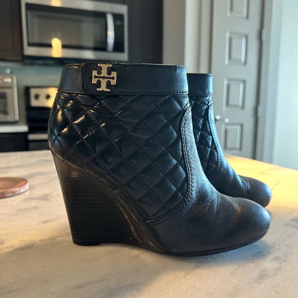 Tory Burch black wedge booties